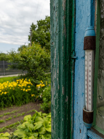 A thermometer on the side of a blue door in a garden.