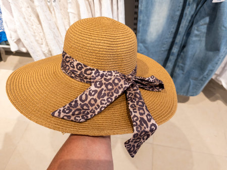 A person holding up a straw hat with a leopard print bow.