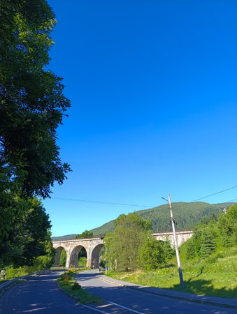 A road with a bridge in the background and trees on both sides.の写真素材