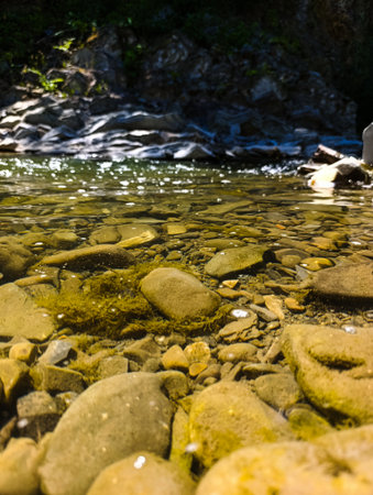 A stream running through a rocky river bed filled with rocks and moss.の写真素材