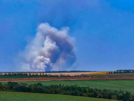 A large plume of smoke rises over a green field.