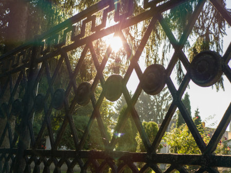 The sun is shining through a wrought iron fence.の写真素材