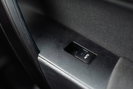 Car door interior arm rest with window control panel, door lock button, and mirror