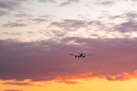Travel background landing plane silhouette on a vivid sunset sky