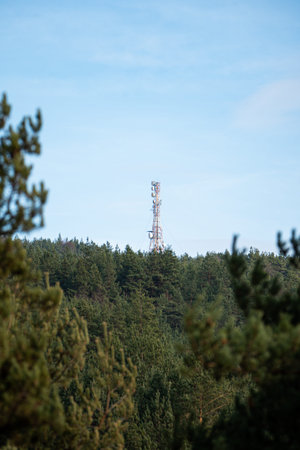 A telecommunications tower on top of forest hill with clear blue sky lots of copy space for advert...