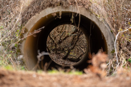 Old sewer in deep forest in autumn orange leaves leaf falling landscape rural scenery environmental conversationの写真素材