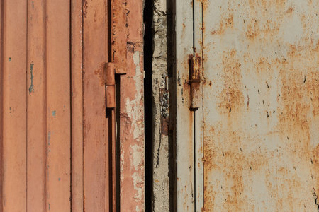 Closeup texture detail of outdoor garage cell hinges rusty old aged metal concrete