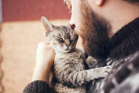 Close-up of handsome young man who is standing on a balcony with his cat. Home pets. Beard man in icelandic sweater is holding and hugging his cute curious Devon Rex cat with blue eyes.の写真素材