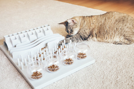 Entertaining, mental challenges game for cat, can be used for daily feeding with dry food. Slow...