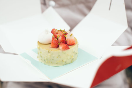 Close-up of pistachio pastry flavored with fresh strawberries gluten free and vegan in take away...