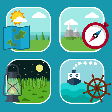 Set of flat icons. Map, compass, oil lamp and a steering wheel on the background of mountains, trees, sky, sun, moon, stars, ship seaのイラスト素材