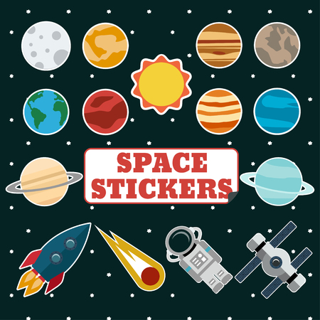 Set of space stickers with sun, planets, rocket, astronaut and space station on a background of outer spaceのイラスト素材
