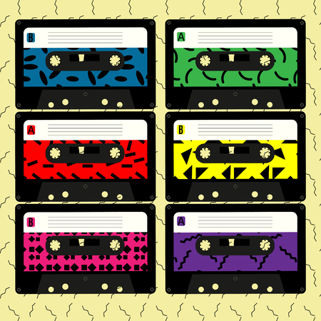 Set of audio cassettes with labels in the Memphis styleのイラスト素材