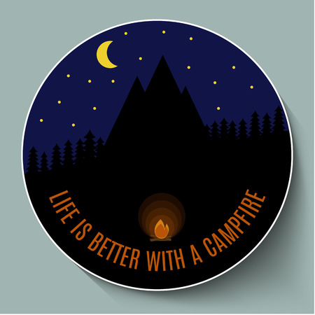 campfire at night on a background of mountainsのイラスト素材
