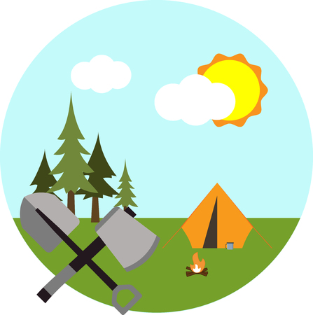 Tent and fire on a background of forest, sky, sun and clouds. Flat icons.のイラスト素材