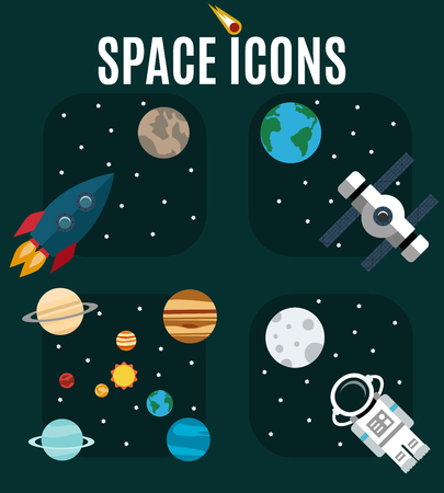 The planets of the solar system, astronaut, rocket on a background of outer spaceのイラスト素材
