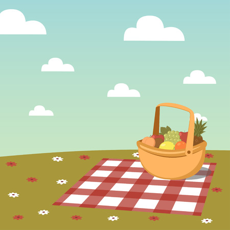 Picnic basket with fruits on the lawn with flowersのイラスト素材