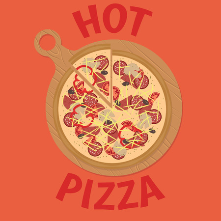 Cartoon colorful pizza on a round cutting board. One piece is cut off.のイラスト素材