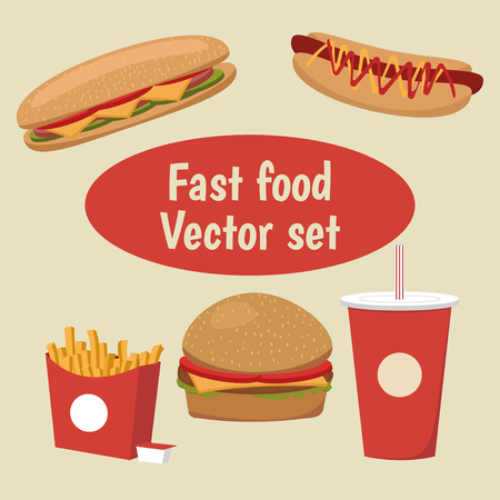 Set of colorful cartoon fast food. Vector illustrationのイラスト素材