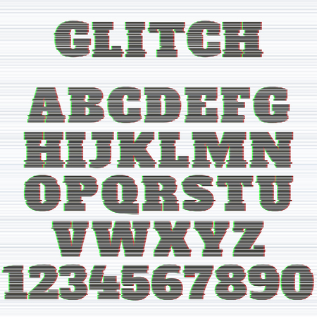 Vector distorted glitch black font. Latin letters from A to Z and numbers from 0 to 9のイラスト素材