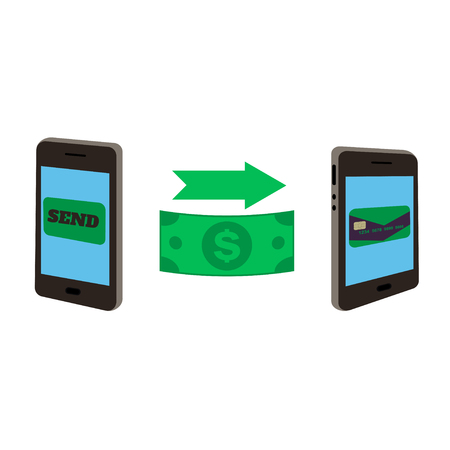 Sending and receiving money using your smartphone. Two smartphones and dollar on a white backgroundのイラスト素材