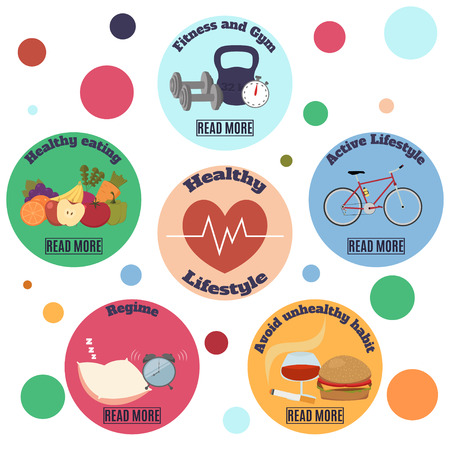 Healthy lifestyle infographic banner. Flat vector icons on colorful circles backgroundのイラスト素材