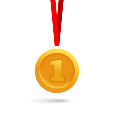 Gold medal for the first place with a red ribbon on a white background. The highest award for sporting achievements. Vector illustrationのイラスト素材