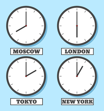World time. The clock shows the time in four capitals. Vector illustration in flat styleのイラスト素材