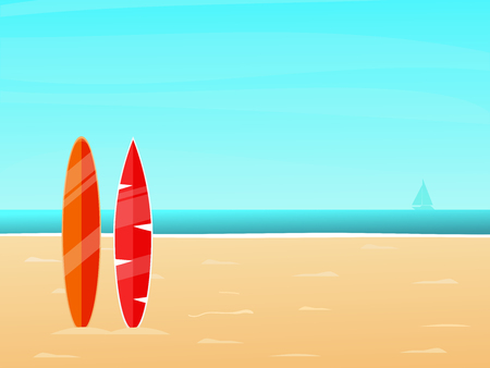Summer time. Beach background with surf boards. Vector illustration in a flat styleのイラスト素材