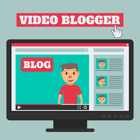 Video blogger concept. Male blogger channel. Computer screen with video player. Vector illustration in flat styleのイラスト素材
