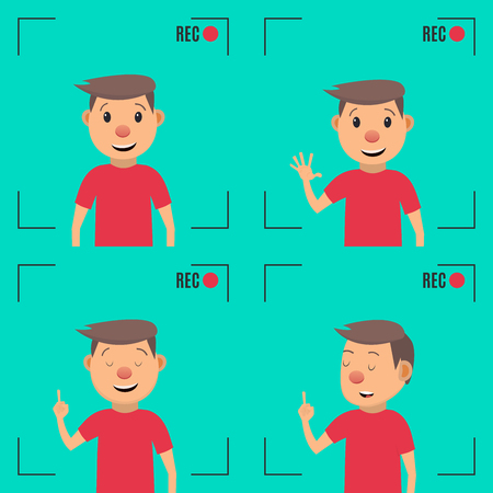 Video blogger concept. Male blogger character. Male blogger channel. Camera shooting screen. Vector illustration in flat styleのイラスト素材