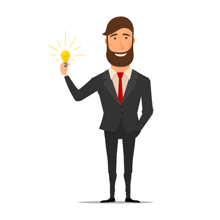 Businessman holding a light bulb. New idea for business. New idea for a startup. Vector illustration in flat styleのイラスト素材