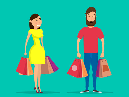 Happy couple with shopping. Happy man and woman holding shopping bags. Vector illustration in flat styleのイラスト素材