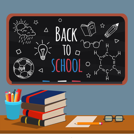 Back to school. Books, cups with pens and pencils, glasses on the teacher's Desk in the background of blackboard with hand drawn doodles. Vector illustration in flat styleのイラスト素材
