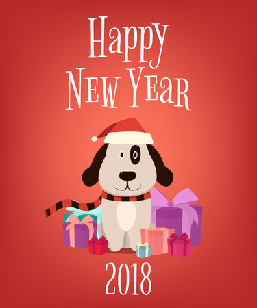 2018. Happy New Year. Cartoon dog with gift boxes. Vector illustrationのイラスト素材
