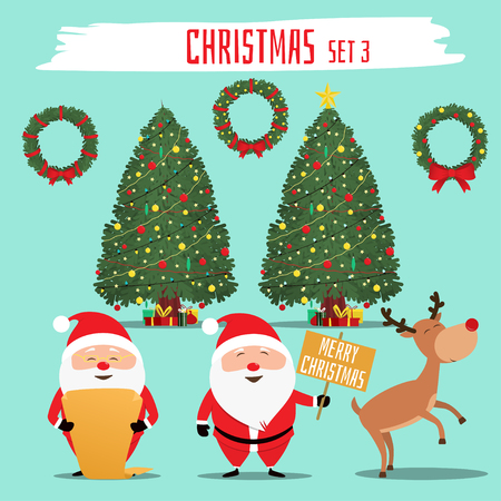 Merry Christmas. Christmas symbol set. Santa Claus funny character set. Vector illustration in flat styleのイラスト素材