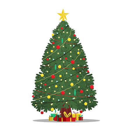 Decorated Christmas tree with gifts isolated on white backgroundのイラスト素材