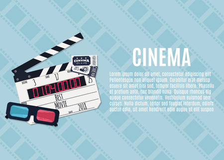 Movie clapper board, tickets and video glasses. Template for banner, flyer or poster. Vector illustrationのイラスト素材