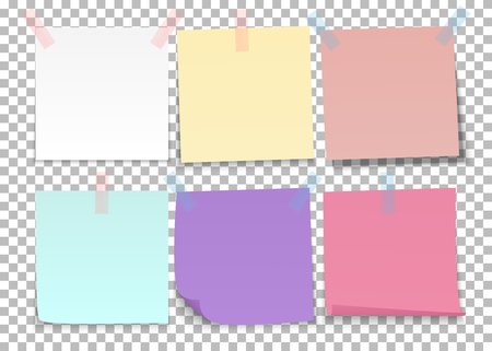 Set of sheets of color notes paper with adhesive tape on a transparent background. Vector illustrationのイラスト素材