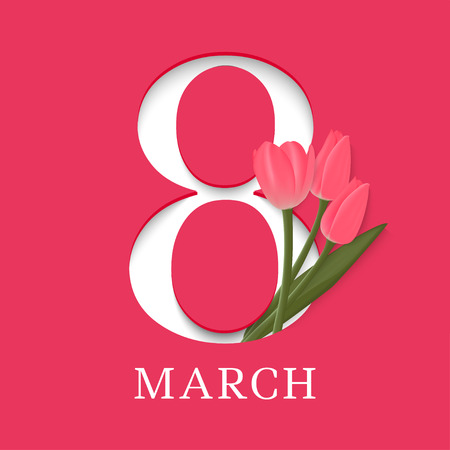 8 March. International Women's Day. Template for posters or cards with number 8 and tulips. Vector illustrationのイラスト素材