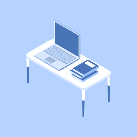 Isometric laptop with stack of books on table. Vector illustrationのイラスト素材