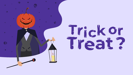 Happy Halloween. Trick or treat. Character with a pumpkin. Vector illustration for poster, background, or invitation.のイラスト素材