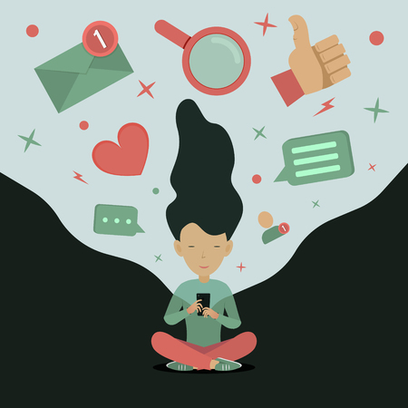Social media concept illustration. Young woman with smartphone and social media icons. Vector illustrationのイラスト素材