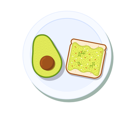 Avocado toast with half of a avocado on a plate. Breakfast and healthy lifestyle. Top view. Vector illustrationのイラスト素材