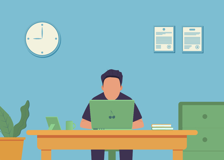 Work place. Office interior. Office work. Man is working at his laptop. Vector illustrationのイラスト素材