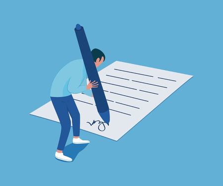 Tiny man with a big pen in his hands signs the document. Business concept. Vector illustrationのイラスト素材