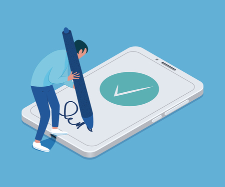 Electronic signature concept. Tiny man with a big pen in his hands and smartphone. Vector illustrationのイラスト素材