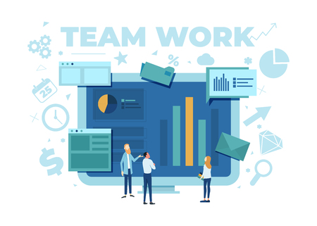 The team is working on a business project. The working process. Analytics, information gathering, teamwork. Monitor and business team isolated on white background. Vector illustration.のイラスト素材