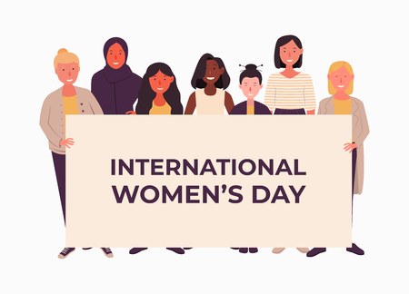 International Women's Day. Women of different nationalities together. Group of feminists hold banner. Female friends, sisterhood. Happy women or girls isolated on white background. Vector illustrationのイラスト素材