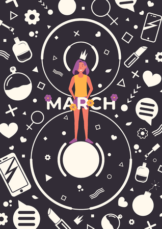 International Women's Day. Flyer or poster for March 8 with girl on doodles background. Banner for print or web. Vector illustrationのイラスト素材